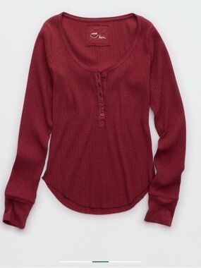 aerie Ribbed Henley Long Sleeve Top - Wine